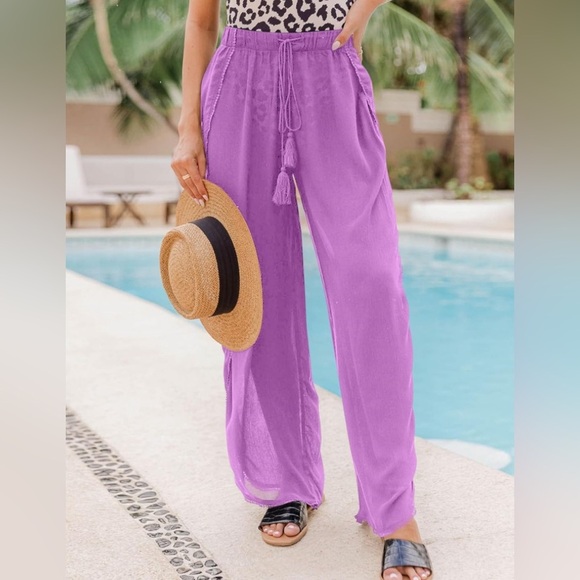 Other - Beach Palazzo Pants Women Elastic High Waist Wrap Swimsuit Coverup Tassel Purple